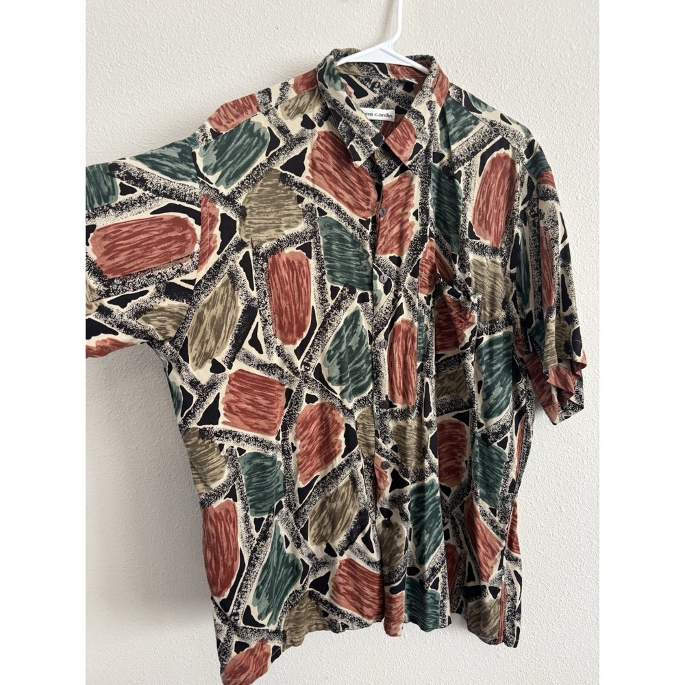 Vintage 90s Pierre Cardin Mens XL Rayon Shirt Abstract Geometric Short Sleeve